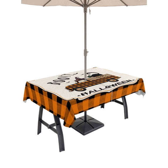 Outdoor Tablecloth with Umbrella Hole and Zipper, Halloween Rectangle Table Cloth 60x84 Inch Waterproof Tablecloth, Spooky Horror Truck Black Cat Orange Plaid Picnic Table Cover for Patio Camping