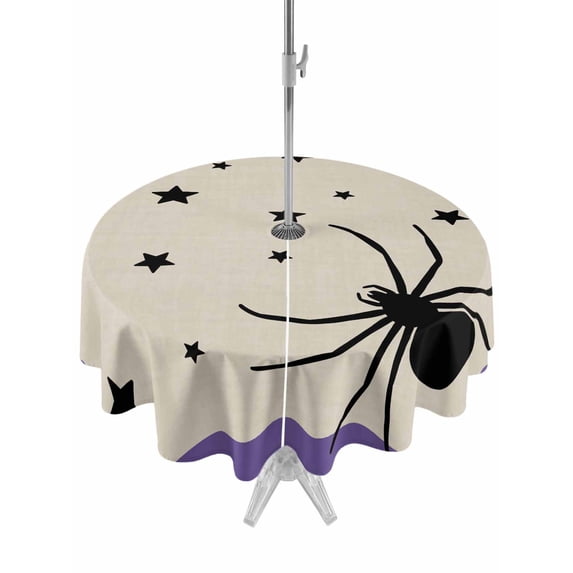 Outdoor Tablecloth with Umbrella Hole and Zipper, Halloween Round Table Cloth 60 Inch Waterproof Tablecloth, Purple Beige Spi-der Stars Halloween Picnic Table Cover for Patio Camping