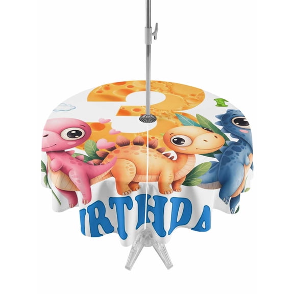 Outdoor Tablecloth with Umbrella Hole and Zipper, Happy 3rd Birthday Round Table Cloth 54 Inch Waterproof Tablecloth, Cartoon Cute Pink Yellow Blue Dinosaurs Floral Picnic Table Cover for Patio