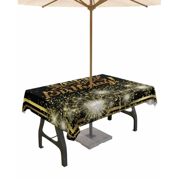 Outdoor Tablecloth with Umbrella Hole Zipper,Happy Birthday Black Gold Style Waterproof Zippered Table Cloth for Rectangle Tables,Cake Shining Fireworks Patio Table Covers for Indoor Pinic Party