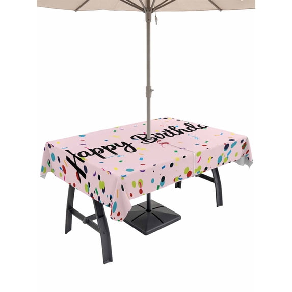 Outdoor Tablecloth with Umbrella Hole and Zipper, Happy Birthday Rectangle Table Cloth 54x80 Inch Waterproof Tablecloth, Pink Modern Abstract Art Picnic Table Cover for Patio Camping