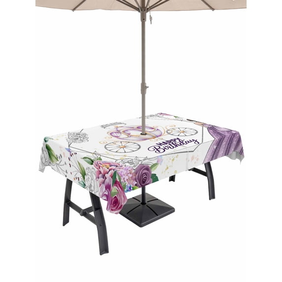 Outdoor Tablecloth with Umbrella Hole and Zipper, Happy Birthday Rectangle Table Cloth 60x102 Inch Waterproof Tablecloth, Gradient Purple Dress Crown Carriage Flowers Picnic Table Cover for Patio