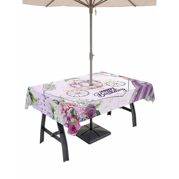 Outdoor Tablecloth with Umbrella Hole and Zipper, Happy Birthday Rectangle Table Cloth 60x102 Inch Waterproof Tablecloth, Purple Luxury Dress Crown Carriage Flowers Picnic Table Cover for Patio