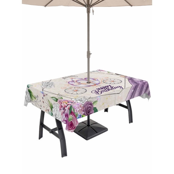 Outdoor Tablecloth with Umbrella Hole and Zipper, Happy Birthday Rectangle Table Cloth 60x84 Inch Waterproof Tablecloth, Purple Dress Crown Carriage Flowers Retro Picnic Table Cover for Patio Camping