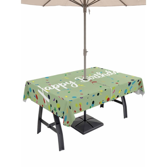 Outdoor Tablecloth with Umbrella Hole and Zipper, Happy Birthday Rectangle Table Cloth 60x84 Inch Waterproof Tablecloth, Sage Green Modern Abstract Art Picnic Table Cover for Patio Camping