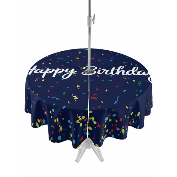 Outdoor Tablecloth with Umbrella Hole and Zipper, Happy Birthday Round Table Cloth 60 Inch Waterproof Tablecloth, Navy Blue Modern Abstract Art Picnic Table Cover for Patio Camping