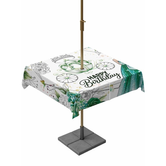 Outdoor Tablecloth with Umbrella Hole and Zipper, Happy Birthday Square Table Cloth 54x54 Inch Waterproof Tablecloth, Green Luxury Dress Crown Carriage Flowers Picnic Table Cover for Patio Camping