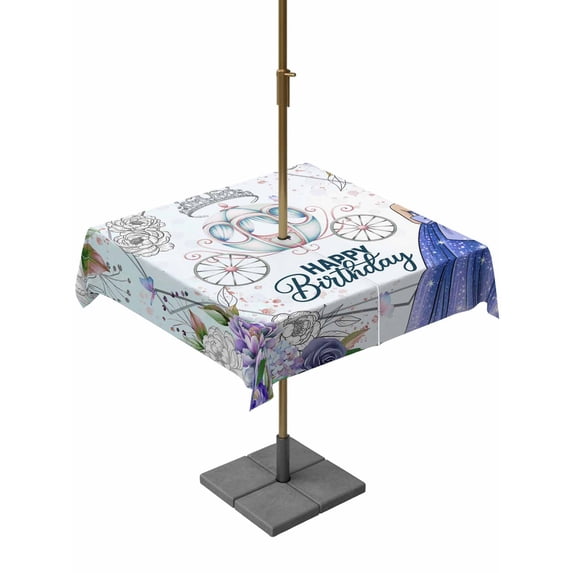 Outdoor Tablecloth with Umbrella Hole and Zipper, Happy Birthday Square Table Cloth 54x54 Inch Waterproof Tablecloth, Purple Dress Crown Carriage Flowers Butterfly Picnic Table Cover for Patio