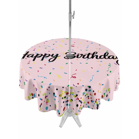 Outdoor Tablecloth with Umbrella Hole and Zipper, Happy Birthday Waterproof Patio Tablecloth for Dining Round 54'', Pink Modern Abstract Art Wipeable Table Cover for Picnic BBQ Party Patio