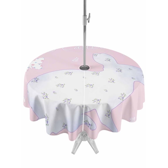 Outdoor Tablecloth with Umbrella Hole and Zipper, Happy Easter Bunny Round Table Cloth 60 Inch Waterproof Tablecloth, Rabbit Butterfly Spring Flowers Pink Picnic Table Cover for Patio Camping