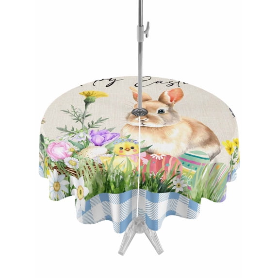 Outdoor Tablecloth with Umbrella Hole Zipper Happy Easter Bunny Round Tablecloth 60" Waterproof Outside Table Cloth Spring Floral Burlap Blue Plaid Patio Table Cover Tablecloths for Picnic Party