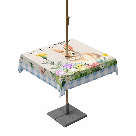 Outdoor Tablecloth with Umbrella Hole and Zipper, Happy Easter Bunny Square Table Cloth 54x54 Inch Waterproof Tablecloth, Spring Floral Burlap Blue Plaid Picnic Table Cover for Patio Camping