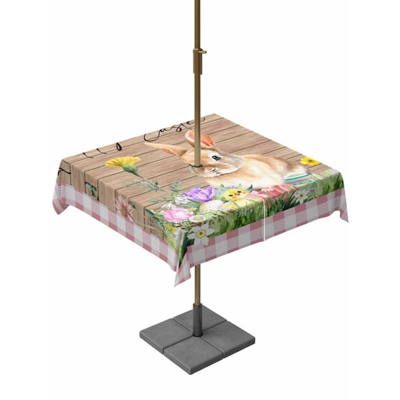 Outdoor Tablecloth with Umbrella Hole and Zipper, Happy Easter Bunny Square Table Cloth 60x60 Inch Waterproof Tablecloth, Spring Floral Wooden Pink Plaid Picnic Table Cover for Patio Camping