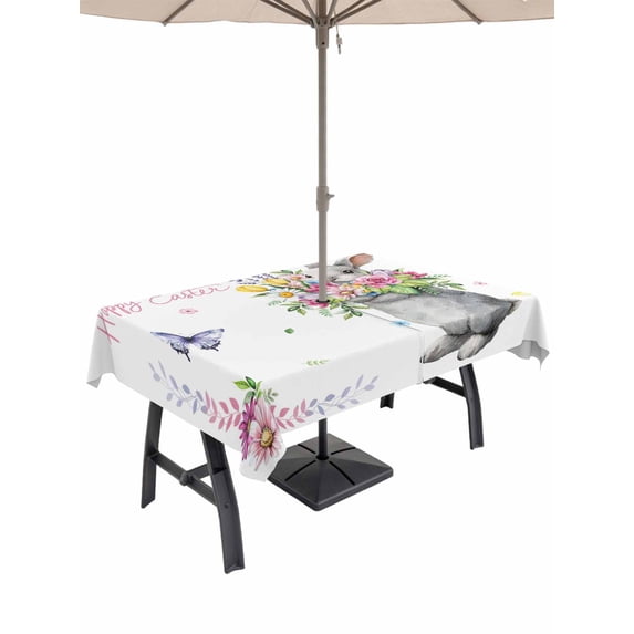 Outdoor Tablecloth with Umbrella Hole and Zipper, Happy Easter Rabbit Rectangle Table Cloth 60x120 Inch Waterproof Tablecloth, Cute Bunny Spring Flowers Butterfly Picnic Table Cover for Patio Camping