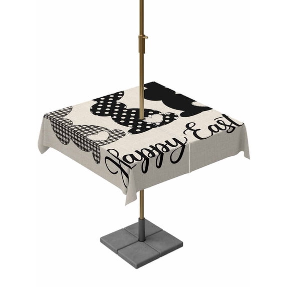 Outdoor Tablecloth with Umbrella Hole and Zipper, Happy Easter Rabbits Square Table Cloth 60x60 Inch Waterproof Tablecloth, Black Plaid Polka Dots Rabbits Beige Picnic Table Cover for Patio Camping