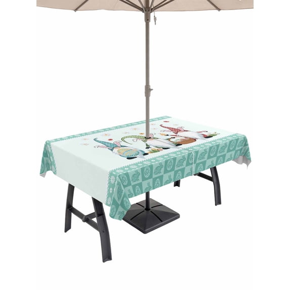 Outdoor Tablecloth with Umbrella Hole and Zipper, Happy Easter Rectangle Table Cloth 52x70 Inch Waterproof Tablecloth, Cute Gnomes Eggs Green Bunny Flowers Border Picnic Table Cover for Patio Camping