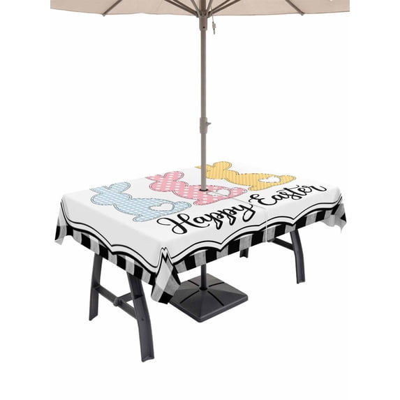 Outdoor Tablecloth with Umbrella Hole and Zipper, Happy Easter Rectangle Table Cloth 54x80 Inch Waterproof Tablecloth, Cute Lovely Colorful Rabbits Black White Plaid Picnic Table Cover for Patio