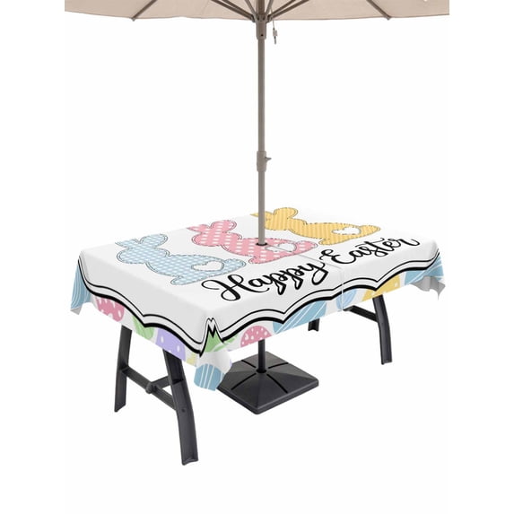 Outdoor Tablecloth with Umbrella Hole and Zipper, Happy Easter Rectangle Table Cloth 54x80 Inch Waterproof Tablecloth, Cute Lovely Colorful Rabbits Silhouette Eggs Picnic Table Cover for Patio