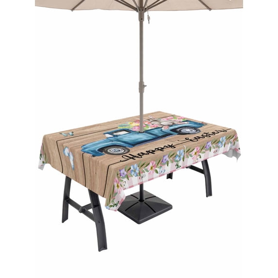 Outdoor Tablecloth with Umbrella Hole and Zipper, Happy Easter Rectangle Table Cloth 54x80 Inch Waterproof Tablecloth, Vintage Blue Truck Bunny Duck Wooden Grain Picnic Table Cover for Patio Camping