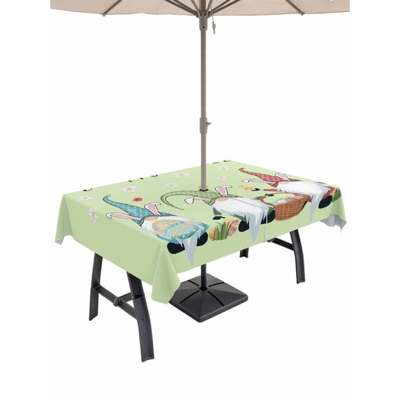 Outdoor Tablecloth with Umbrella Hole and Zipper, Happy Easter Rectangle Table Cloth 60x102 Inch Waterproof Tablecloth, Cute Gnomes Eggs Spring Daisy Flowers Green Picnic Table Cover for Patio