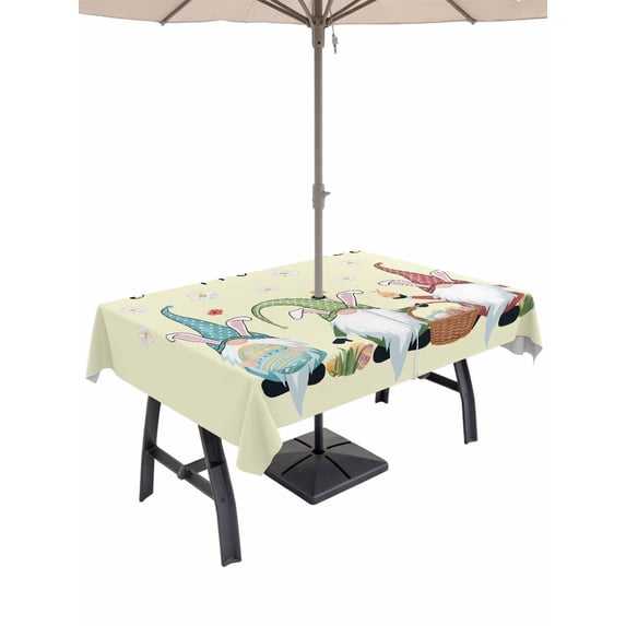 Outdoor Tablecloth with Umbrella Hole and Zipper, Happy Easter Rectangle Table Cloth 60x102 Inch Waterproof Tablecloth, Cute Gnomes Eggs Spring Daisy Flowers Yellow Picnic Table Cover for Patio