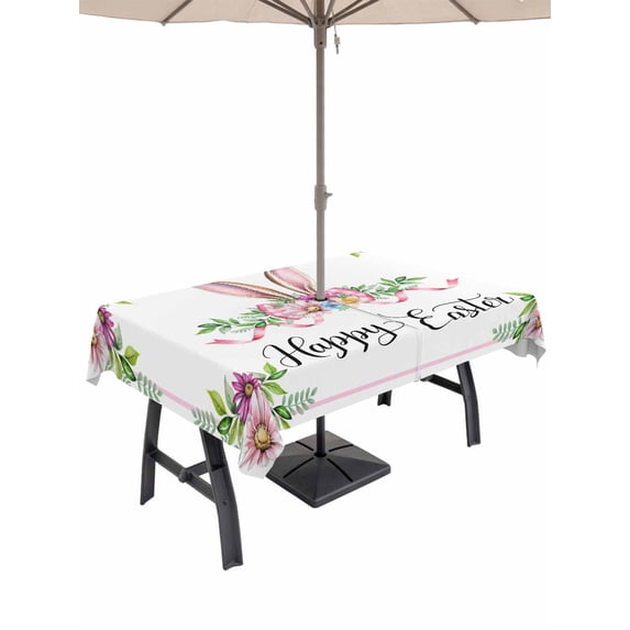 Outdoor Tablecloth with Umbrella Hole and Zipper, Happy Easter Rectangle Table Cloth 60x102 Inch Waterproof Tablecloth, Spring Watercolor Bunny Flower Leaf Plant Picnic Table Cover for Patio Camping