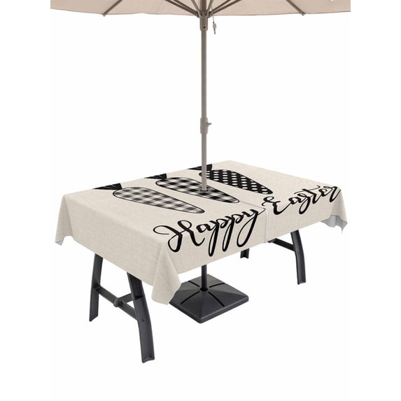Outdoor Tablecloth with Umbrella Hole and Zipper, Happy Easter Rectangle Table Cloth 60x120 Inch Waterproof Tablecloth, Black Plaid Carrots Spring Country Beige Picnic Table Cover for Patio Camping
