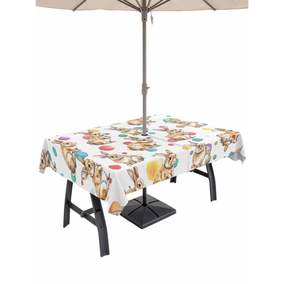 Outdoor Tablecloth with Umbrella Hole and Zipper, Happy Easter Rectangle Table Cloth 60x120 Inch Waterproof Tablecloth, Funny Cute Rabbit Bunny Colorful Eggs Picnic Table Cover for Patio Camping