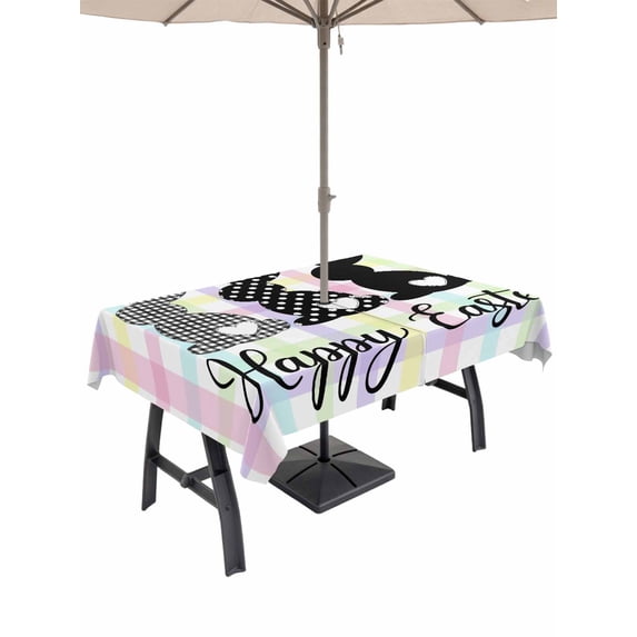 Outdoor Tablecloth with Umbrella Hole and Zipper, Happy Easter Rectangle Table Cloth 60x84 Inch Waterproof Tablecloth, Black White Polka Dots Rabbits Colorful Plaid Picnic Table Cover for Patio