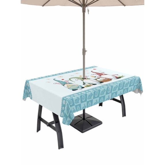 Outdoor Tablecloth with Umbrella Hole and Zipper, Happy Easter Rectangle Table Cloth 60x84 Inch Waterproof Tablecloth, Cute Gnomes Eggs Blue Bunny Flowers Border Picnic Table Cover for Patio Camping