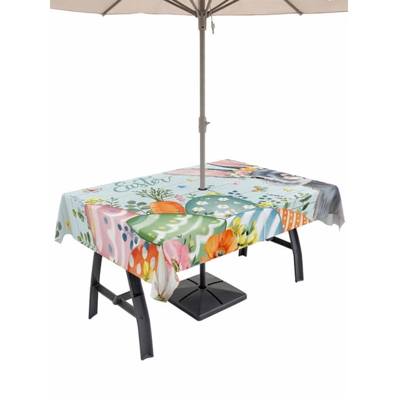 Outdoor Tablecloth with Umbrella Hole and Zipper, Happy Easter Rectangle Table Cloth 60x84 Inch Waterproof Tablecloth, Spring Bunny Easter Eggs Floral Teal Wood Picnic Table Cover for Patio Camping