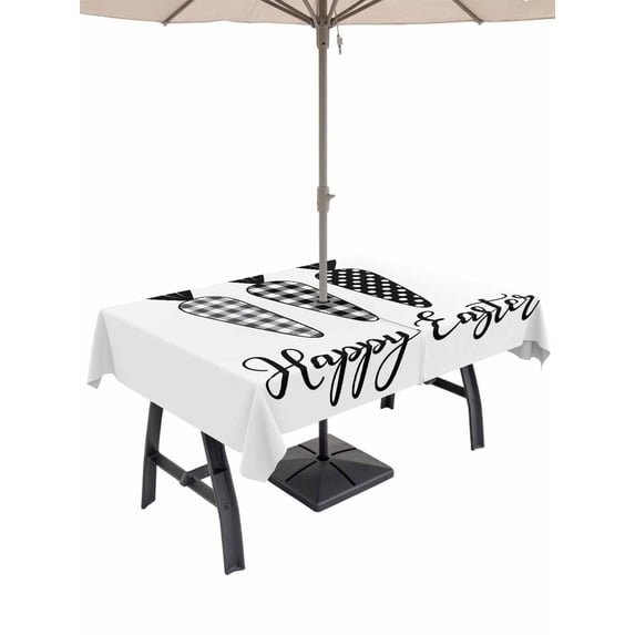 Outdoor Tablecloth with Umbrella Hole and Zipper, Happy Easter Rectangle Table Cloth 60x84 Inch Waterproof Tablecloth, Spring Carrots Country Black and White Plaid Picnic Table Cover for Patio