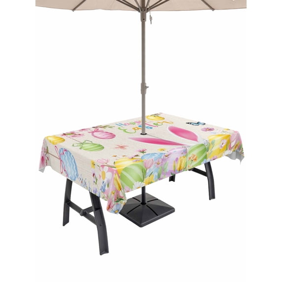 Outdoor Tablecloth with Umbrella Hole and Zipper, Happy Easter Rectangle Table Cloth 60x84 Inch Waterproof Tablecloth, Spring Farmhouse Bunny Eggs Flower Beige Picnic Table Cover for Patio Camping