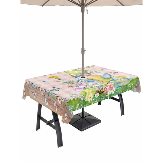 Outdoor Tablecloth with Umbrella Hole and Zipper, Happy Easter Rectangle Table Cloth 60x84 Inch Waterproof Tablecloth, Spring Gnomes Duck Floral Eggs Pink Plaid Picnic Table Cover for Patio Camping