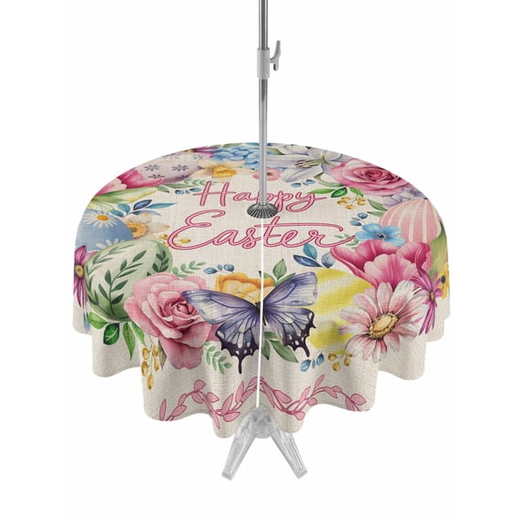 Outdoor Tablecloth with Umbrella Hole and Zipper, Happy Easter Round Table Cloth 54 Inch Waterproof Tablecloth, Spring Flower Pastoral Butterfly Retro Beige Picnic Table Cover for Patio Camping