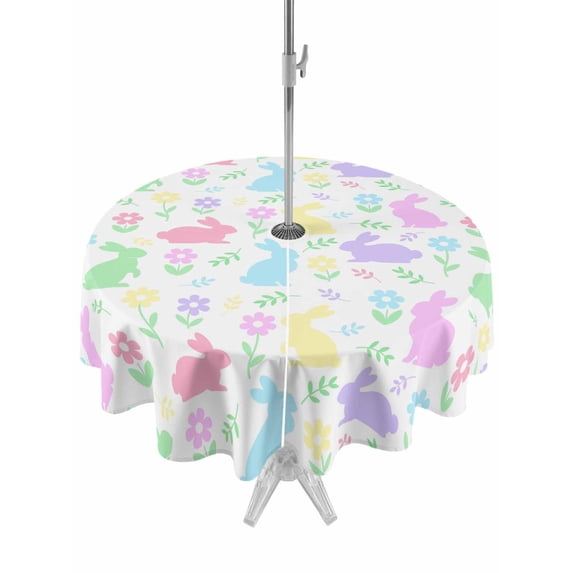 Outdoor Tablecloth with Umbrella Hole Zipper Happy Easter Round Tablecloth 54" Waterproof Outside Table Cloth Spring Colorful Bunny Floral Watercolor Patio Table Cover Tablecloths for Picnic Party
