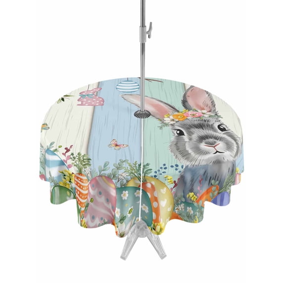 Outdoor Tablecloth with Umbrella Hole Zipper Happy Easter Round Tablecloth 60" Waterproof Outside Table Cloth Spring Bunny Colorful Eggs Wooden Grain Patio Table Cover Tablecloths for Picnic Party