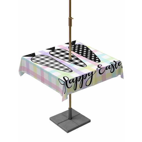Outdoor Tablecloth with Umbrella Hole and Zipper, Happy Easter Square Table Cloth 54x54 Inch Waterproof Tablecloth, Black and White Carrots Colorful Plaid Picnic Table Cover for Patio Camping