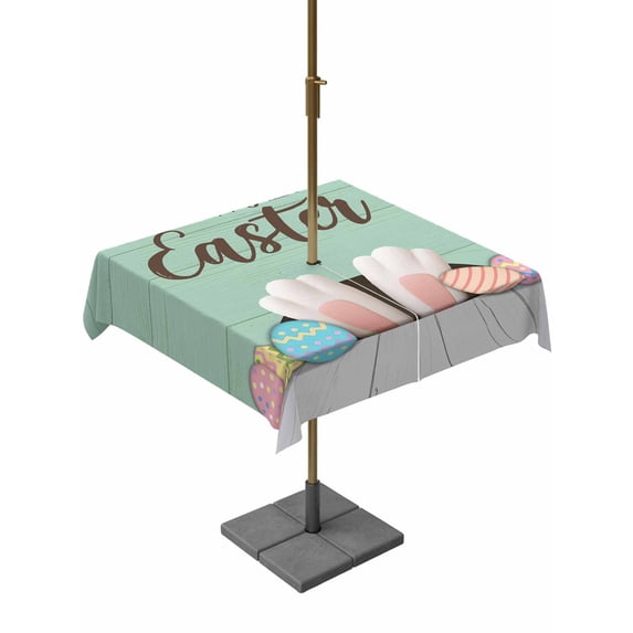 Outdoor Tablecloth with Umbrella Hole and Zipper, Happy Easter Square Table Cloth 54x54 Inch Waterproof Tablecloth, Colorful Spring Eggs Green Wooden Picnic Table Cover for Patio Camping
