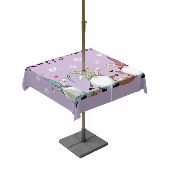 Outdoor Tablecloth with Umbrella Hole and Zipper, Happy Easter Square Table Cloth 54x54 Inch Waterproof Tablecloth, Cute Gnomes Eggs Spring Daisy Flowers Purple Picnic Table Cover for Patio Camping