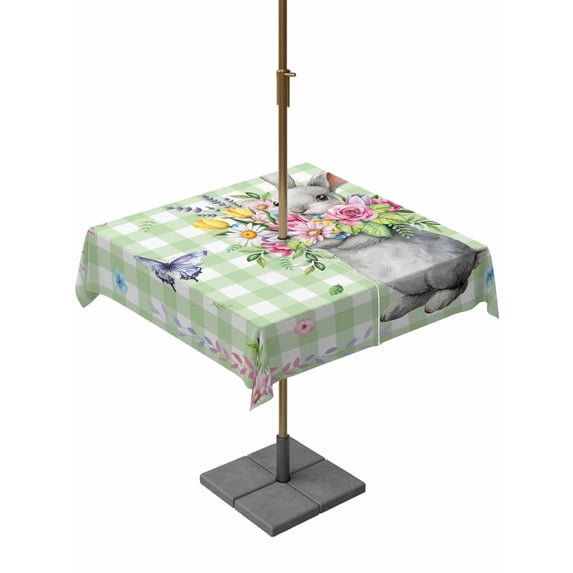 Outdoor Tablecloth with Umbrella Hole and Zipper, Happy Easter Square Table Cloth 60x60 Inch Waterproof Tablecloth, Cute Bunny Spring Flowers Butterfly Green Plaid Picnic Table Cover for Patio