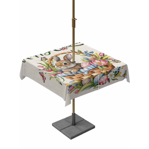 Outdoor Tablecloth with Umbrella Hole and Zipper, Happy Easter Square Table Cloth 60x60 Inch Waterproof Tablecloth, Cute Rabbits Flowers Eggs Butterflies Beige Picnic Table Cover for Patio Camping