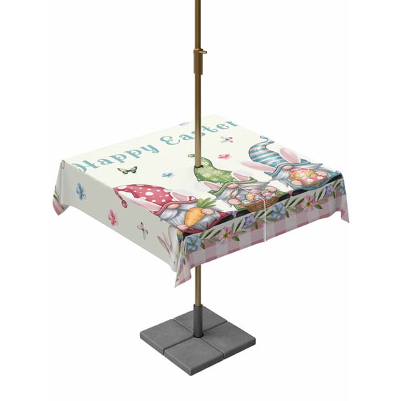 Outdoor Tablecloth with Umbrella Hole and Zipper, Happy Easter Square Table Cloth 60x60 Inch Waterproof Tablecloth, Funny Gnomes Rabbits Colorful Eggs Plaid Picnic Table Cover for Patio Camping