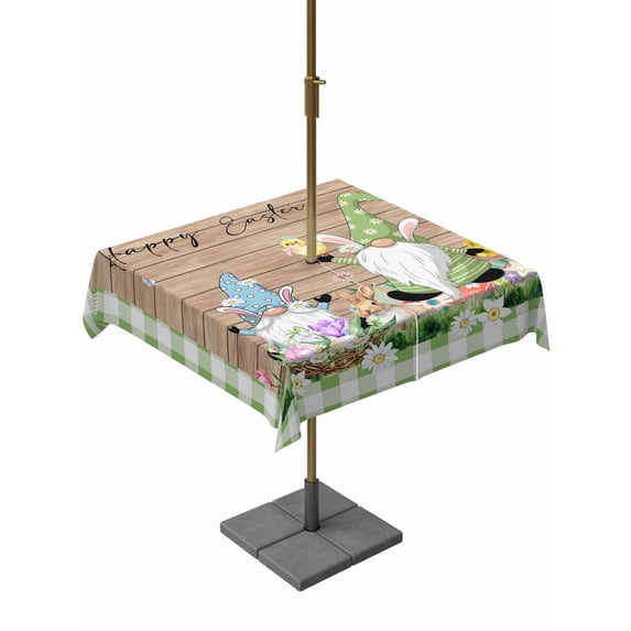 Outdoor Tablecloth with Umbrella Hole and Zipper, Happy Easter Square Table Cloth 60x60 Inch Waterproof Tablecloth, Gnomes Rabbit Flowers Green Check Wooden Picnic Table Cover for Patio Camping