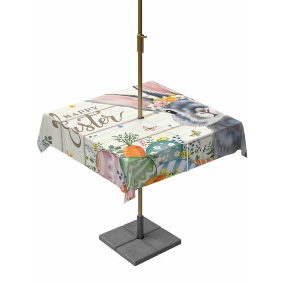 Outdoor Tablecloth with Umbrella Hole and Zipper, Happy Easter Square Table Cloth 60x60 Inch Waterproof Tablecloth, Spring Bunny Easter Eggs Floral Beige Wood Picnic Table Cover for Patio Camping