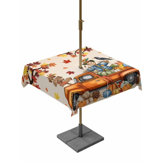 Outdoor Tablecloth with Umbrella Hole and Zipper, Happy Fall Square Table Cloth 60x60 Inch Waterproof Tablecloth, Thanksgiving Truck Pumpkin Leaf Scarecrows Picnic Table Cover for Patio Camping
