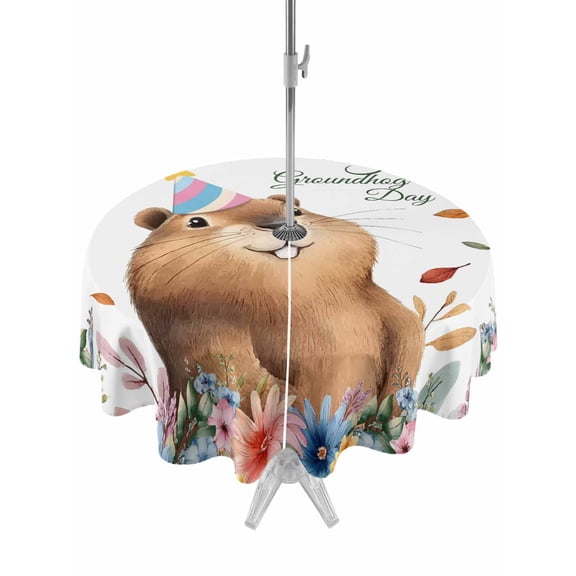 Outdoor Tablecloth with Umbrella Hole and Zipper, Happy Groundhog Day Round Table Cloth 54 Inch Waterproof Tablecloth, Cute Ground Rat Flower Bushes Leaves Picnic Table Cover for Patio Camping