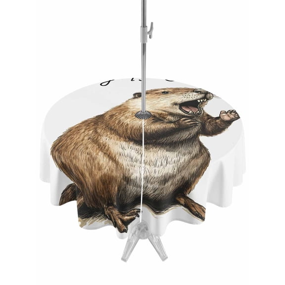 Outdoor Tablecloth with Umbrella Hole Zipper Happy Groundhog Day Round Tablecloth 54" Waterproof Outside Table Cloth February Spring Party Cute Animals Patio Table Cover Tablecloths for Picnic Party