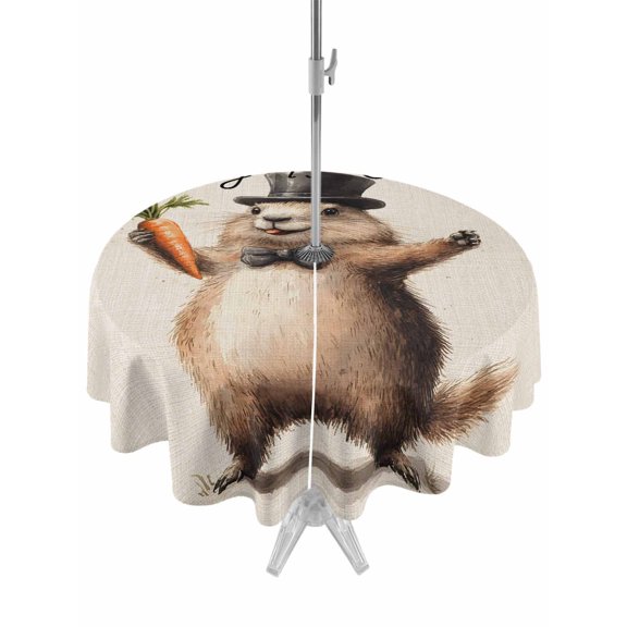 Outdoor Tablecloth with Umbrella Hole Zipper Happy Groundhog Day Round Tablecloth 54" Waterproof Outside Table Cloth Spring Party Pastoral Carrot Patio Table Cover Tablecloths for Picnic Party