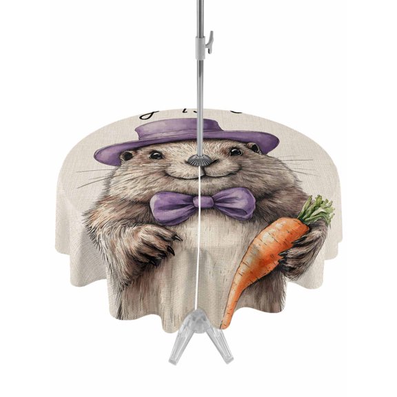 Outdoor Tablecloth with Umbrella Hole and Zipper, Happy Groundhog Day Waterproof Patio Tablecloth for Dining Round 54'', Spring Carrot Funny Cute Animals Wipeable Table Cover for Picnic BBQ Party